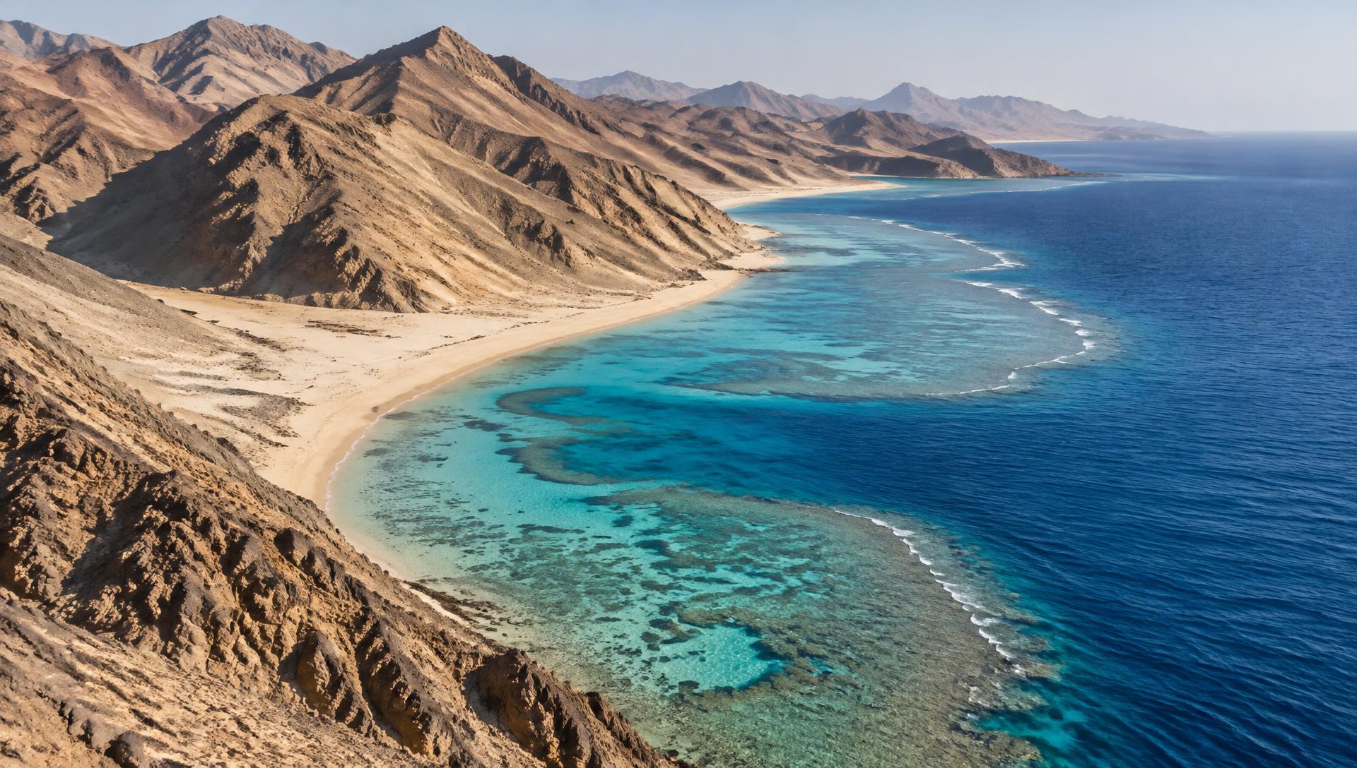 Aerial view of desert mountains meeting a turquoise fringing reef on the southern Red Sea coast